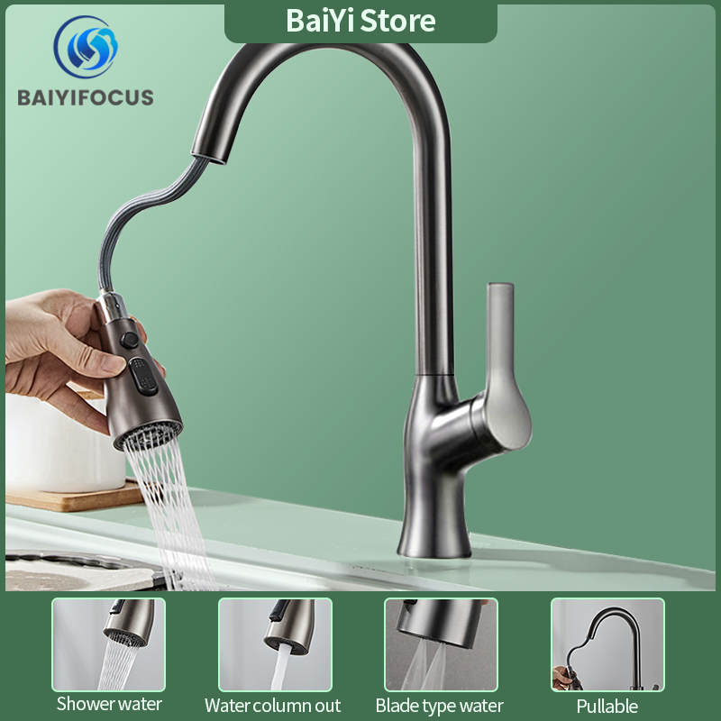 Kitchen all-copper pull-out hot and cold water faucet sink universal telescopic home washbasin splash-proof supercharged faucet