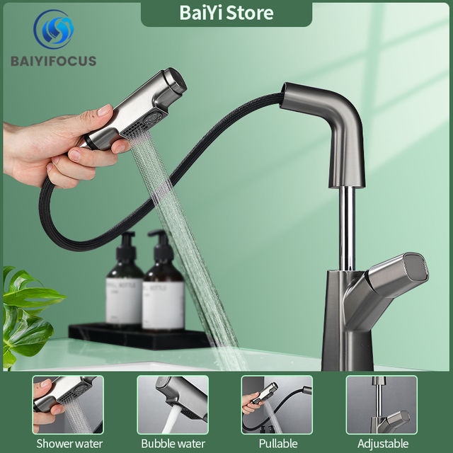 Bathroom faucet all copper pull-out basin hot and cold water faucet washbasin faucet lifting 360° rotating gun gray