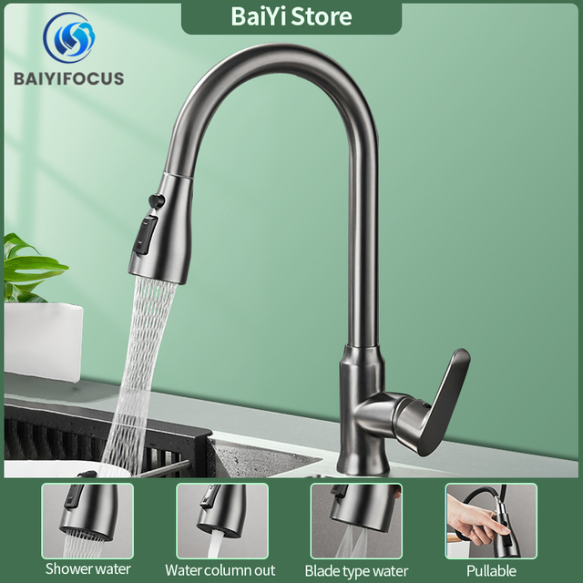 Pull-out kitchen faucet full copper high-end quality splash-proof washing basin sink faucet hot and cold rotating hidden nozzle