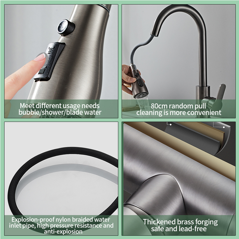Kitchen all-copper pull-out hot and cold water faucet sink universal telescopic home washbasin splash-proof supercharged faucet