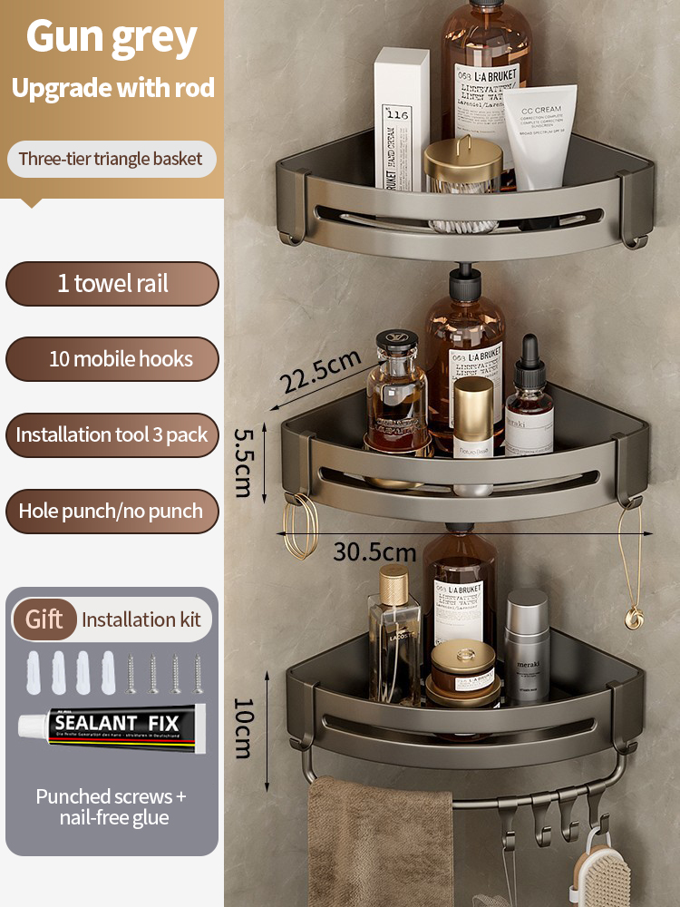 Bathroom Shower Rack Aluminum Corner Multilayer Triangular Soap Basket Wall Mounted Shower Organizer