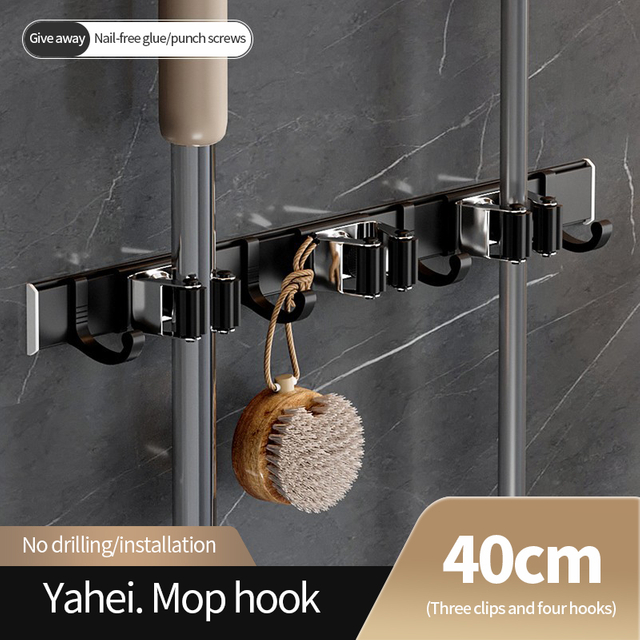 Space Aluminum Mop Holder Space Aluminum 3 Clip 4 Hook Mop Holder