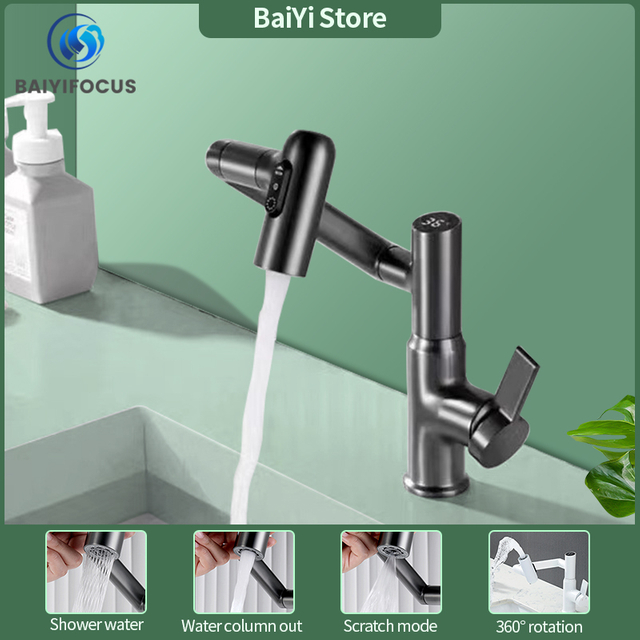 Bathroom Gun Gray White Digital Display Hot and Cold Basin Faucet Mechanical Lifting and Rotating Shampoo and Mouthwash