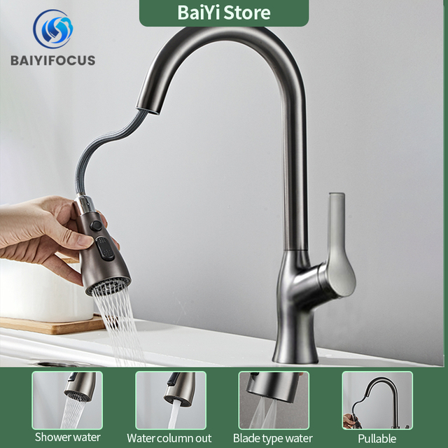 Kitchen all-copper pull-out hot and cold water faucet sink universal telescopic home washbasin splash-proof supercharged faucet