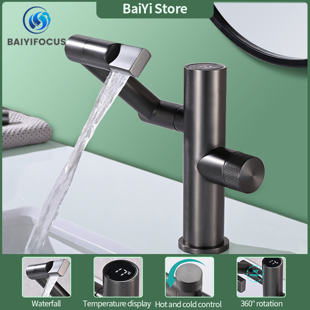 Bathroom all-copper washbasin intelligent digital display hot and cold water faucet can be rotated universally with mouthwash