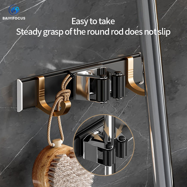 Space Aluminum Mop Holder Space Aluminum 1 Clip 2 Hook Mop Storage Rack