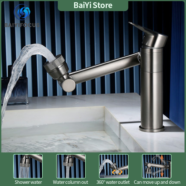 Bathroom faucet full copper hot and cold gun gray rotating universal faucet basin washbasin mechanical arm multifunctional