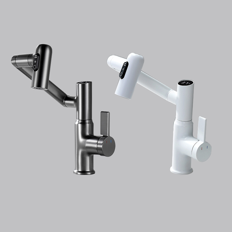 Bathroom Gun Gray White Digital Display Hot and Cold Basin Faucet Mechanical Lifting and Rotating Shampoo and Mouthwash